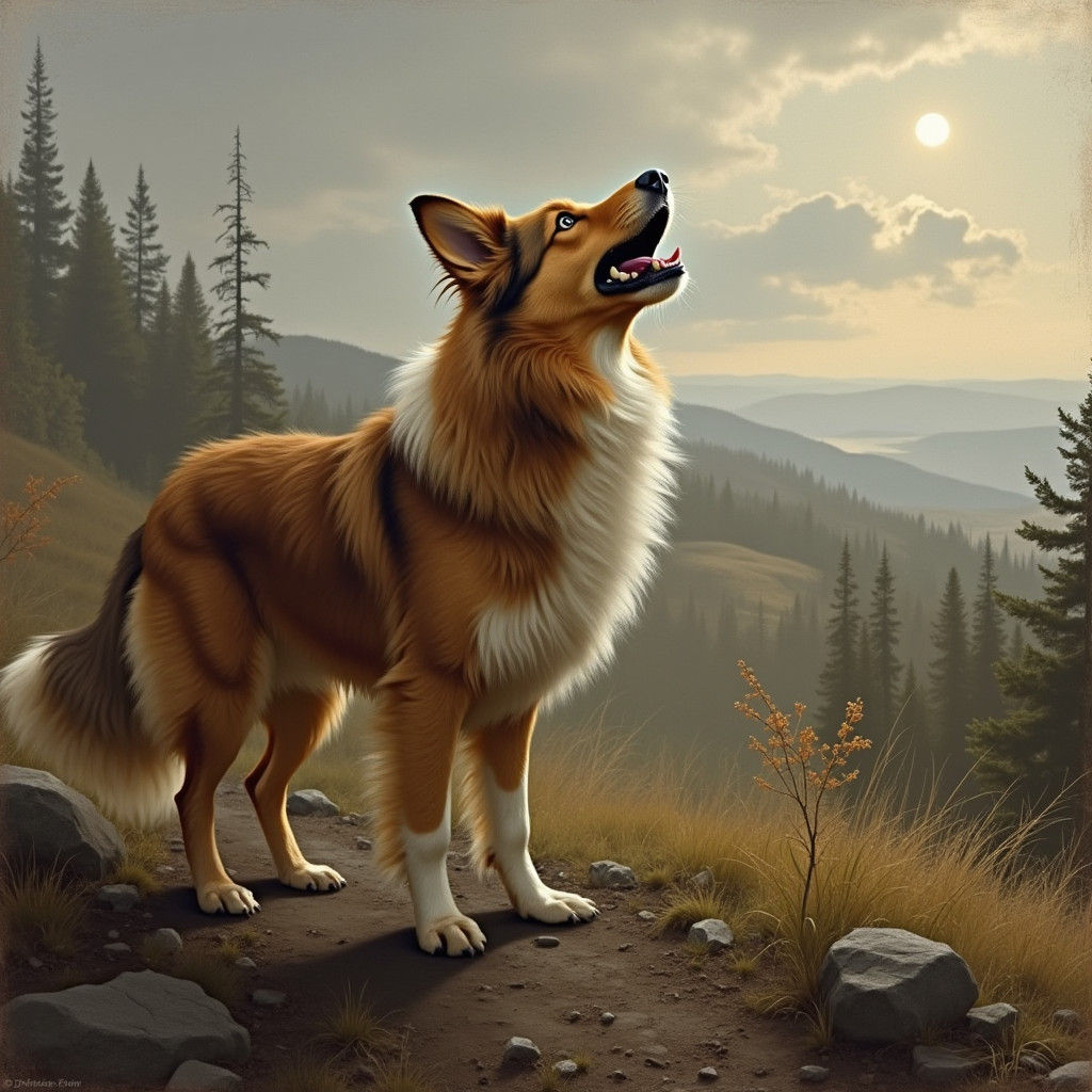 Collie Howling on Hiking Trail in Hudson River School Style