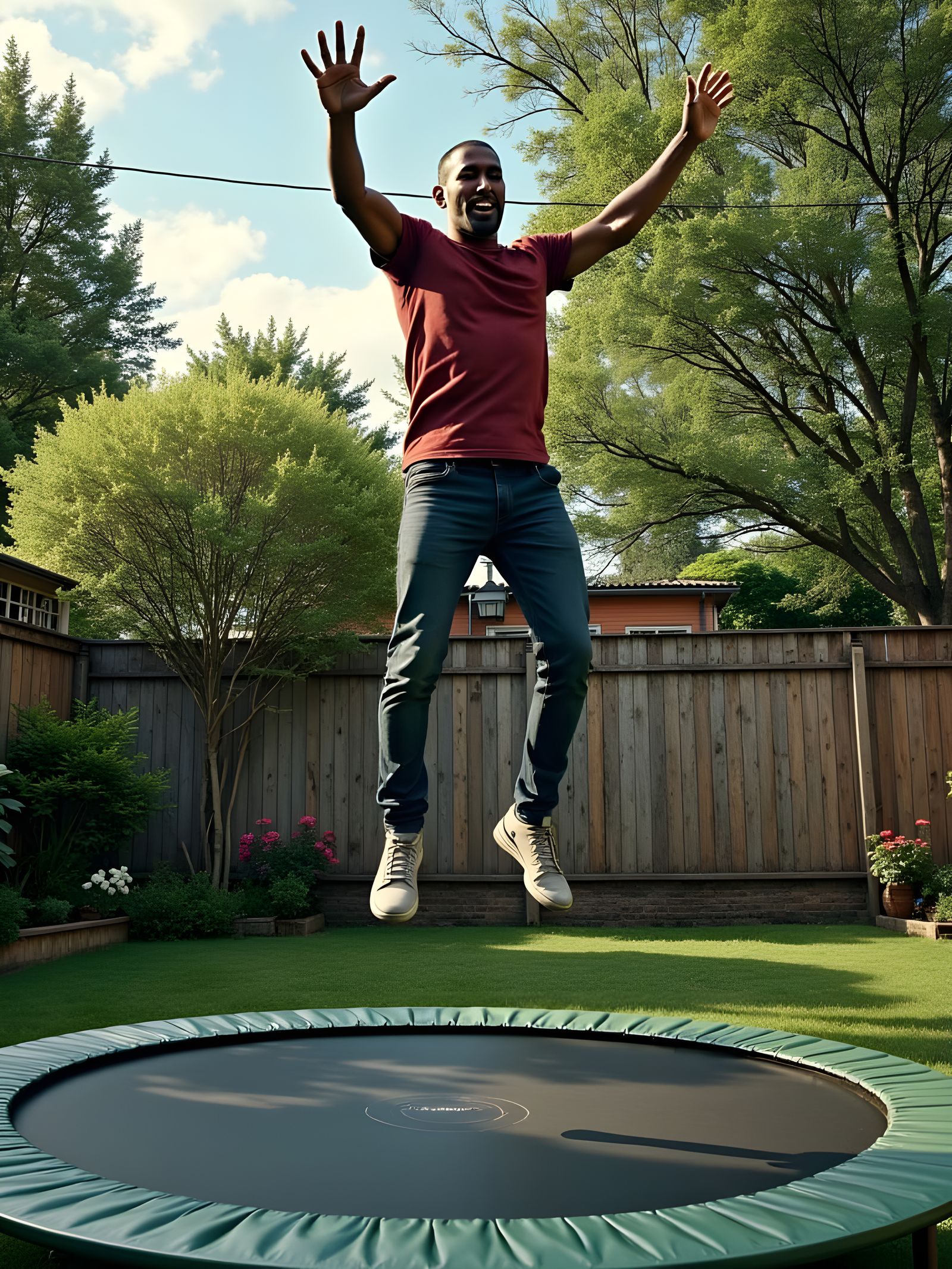 Renaissance-Inspired Man in Joyful Trampoline Leap