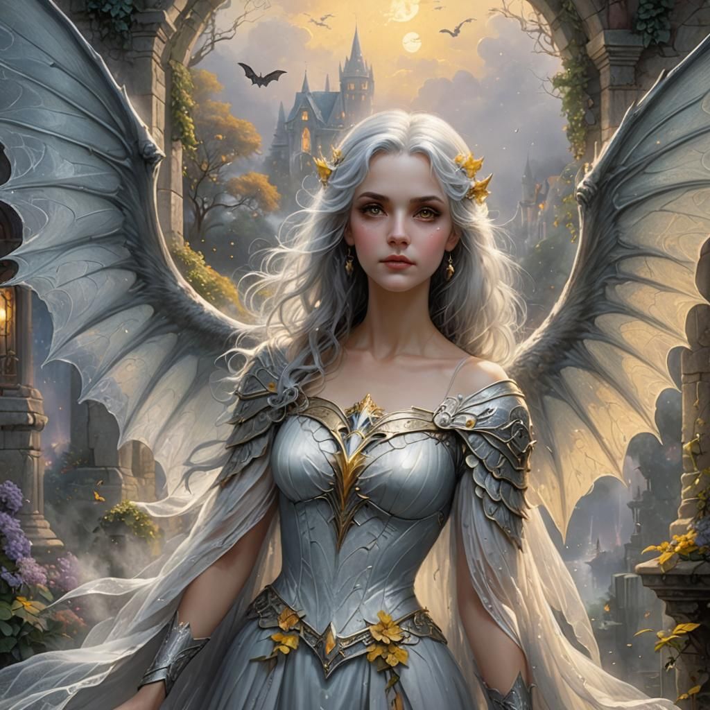 Ethereal Half-Illyrian with Bat Wings in Kinkade Style