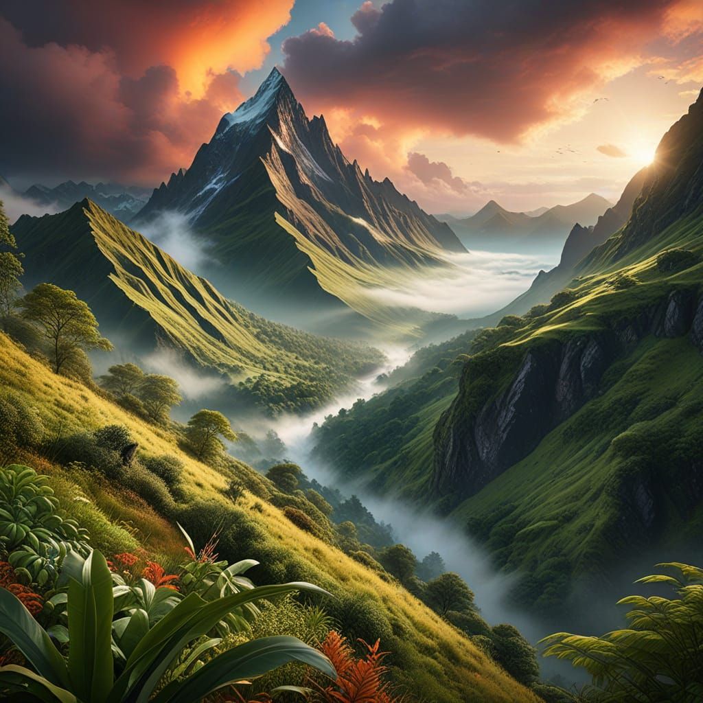 Hyper-Realistic Mountain Landscape in Vibrant Colors