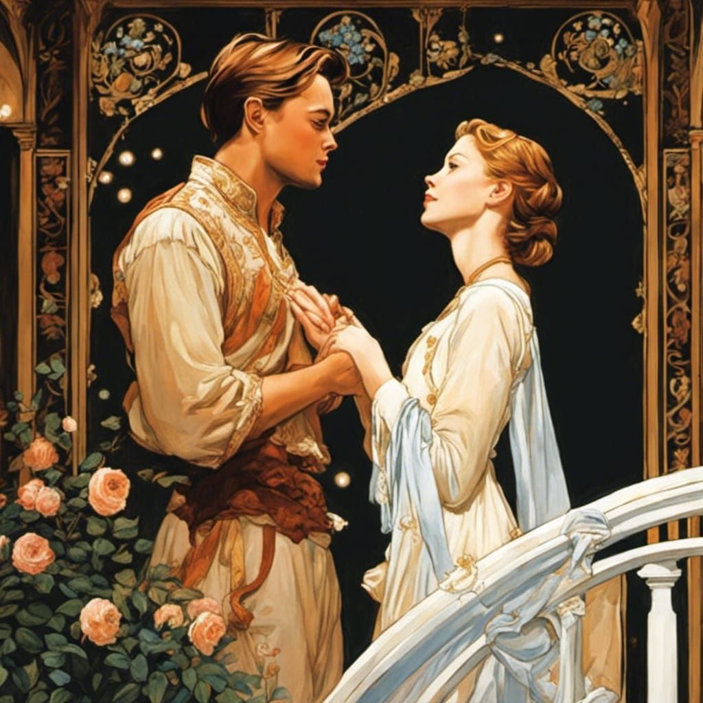 Romeo and Juliet Balcony Scene in Art Nouveau Style