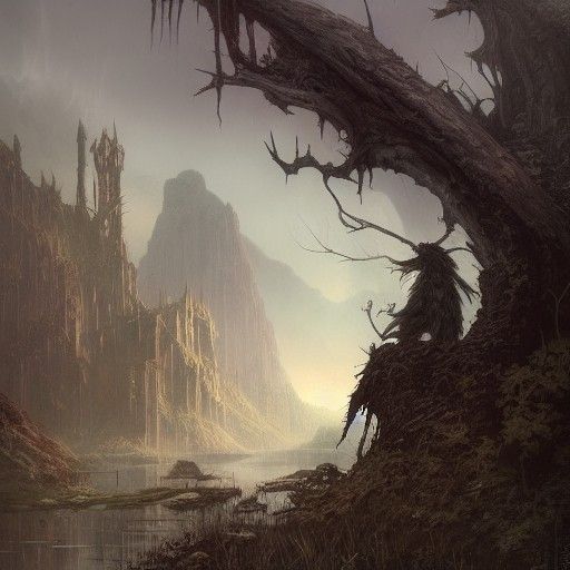 Dark Fantasy Ruined Castle in a Swamp at Night