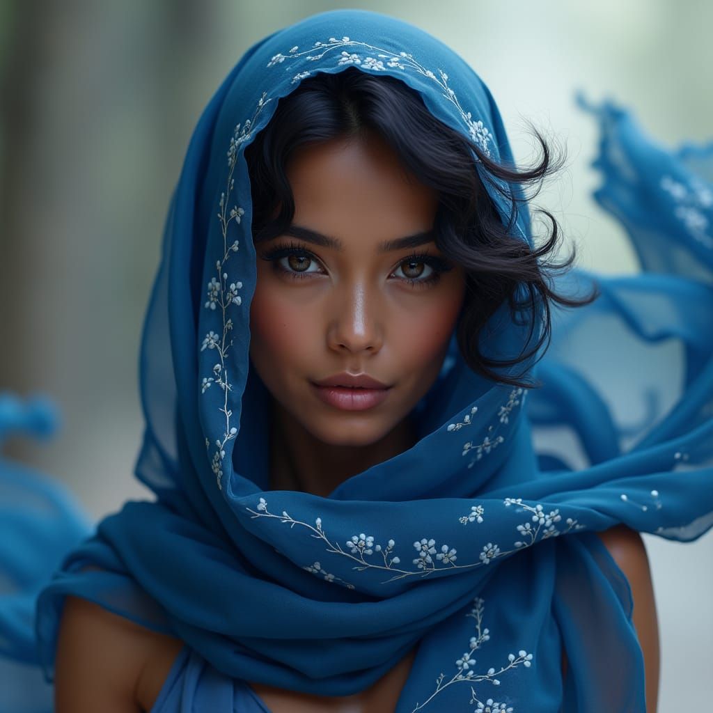 Woman's Serene Portrait with Flowing Indigo Scarf