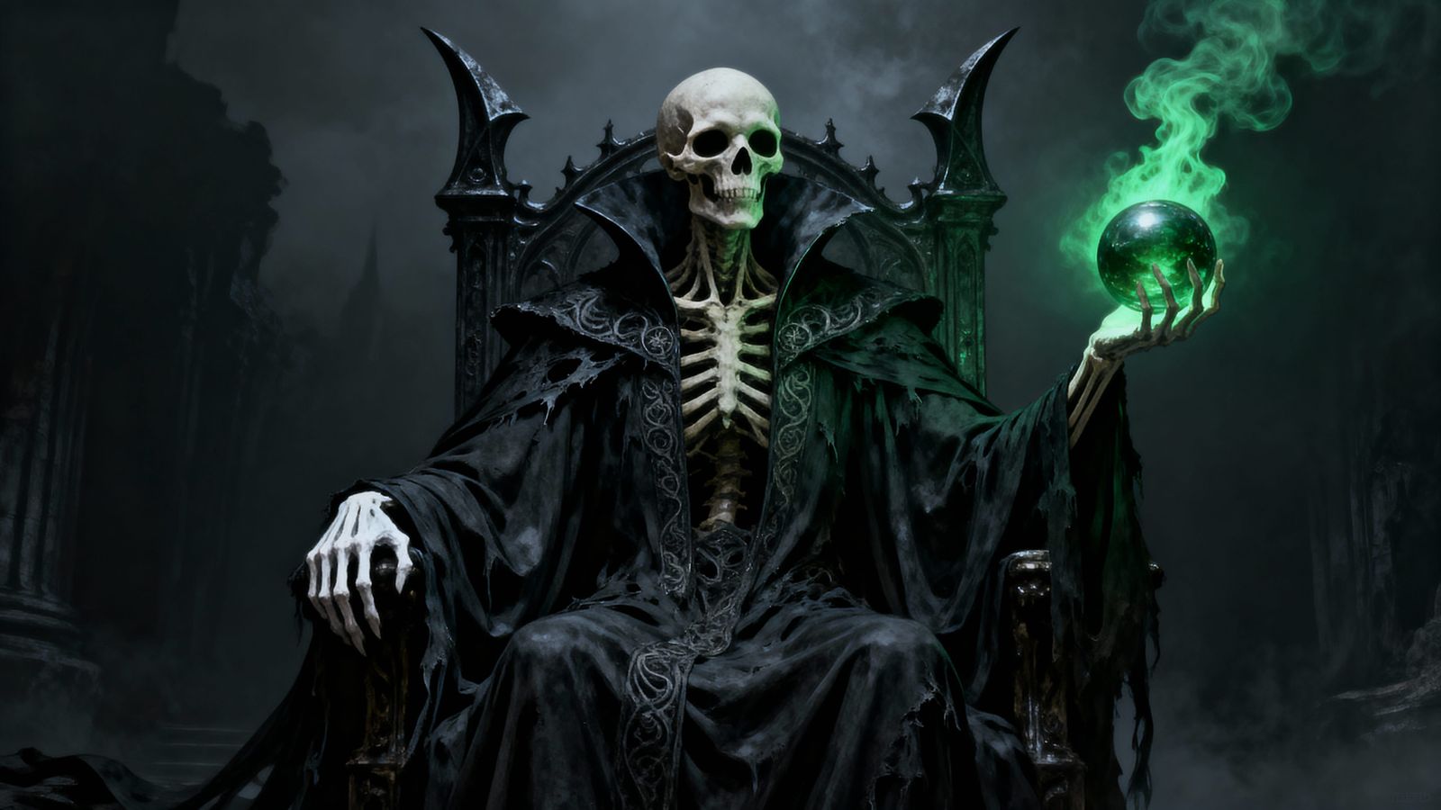 Skeletal King on Gothic Throne Holding Glowing Orb