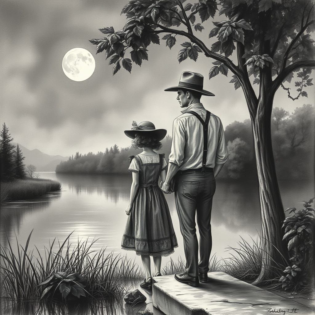 Nostalgic River Scene in Charcoal Drawing Style