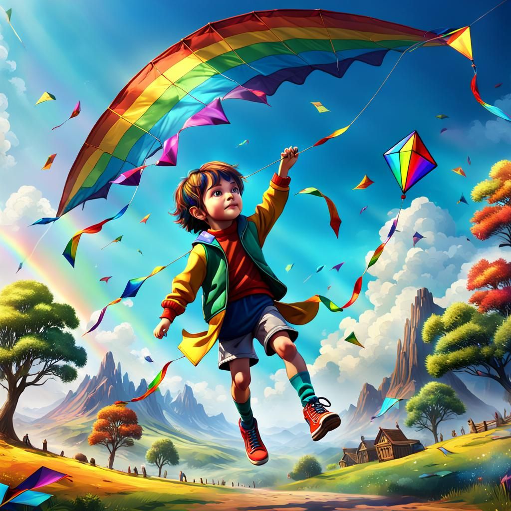 Child Flying a Rainbow Kite: Fantasy Concept Art