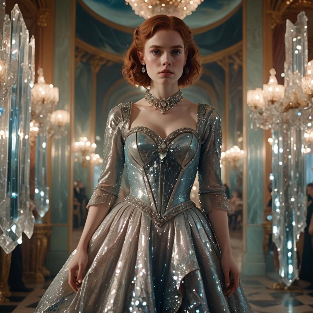 Elegant Woman in Ballroom with Crystal Dress