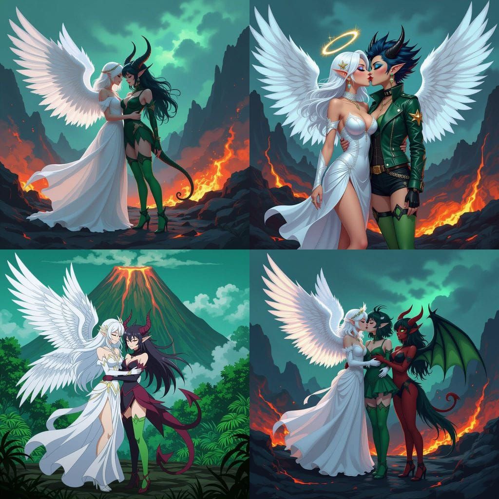 Angelic and Demonic Digimon Embrace in Volcano