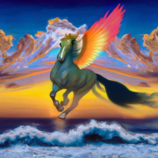 Pegasus in Flight Over Seascape at Sunset