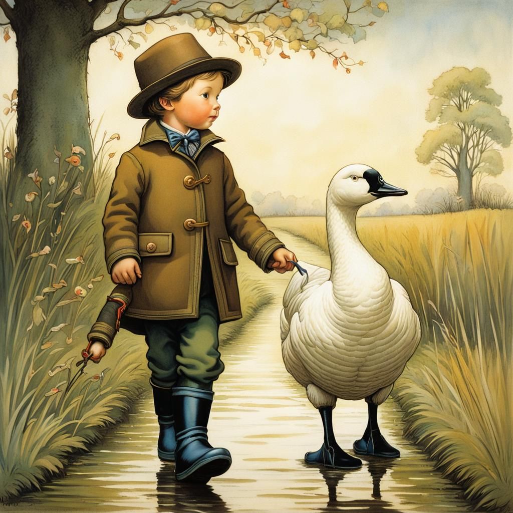 Boy and Goose Walk, Vintage Illustration Style