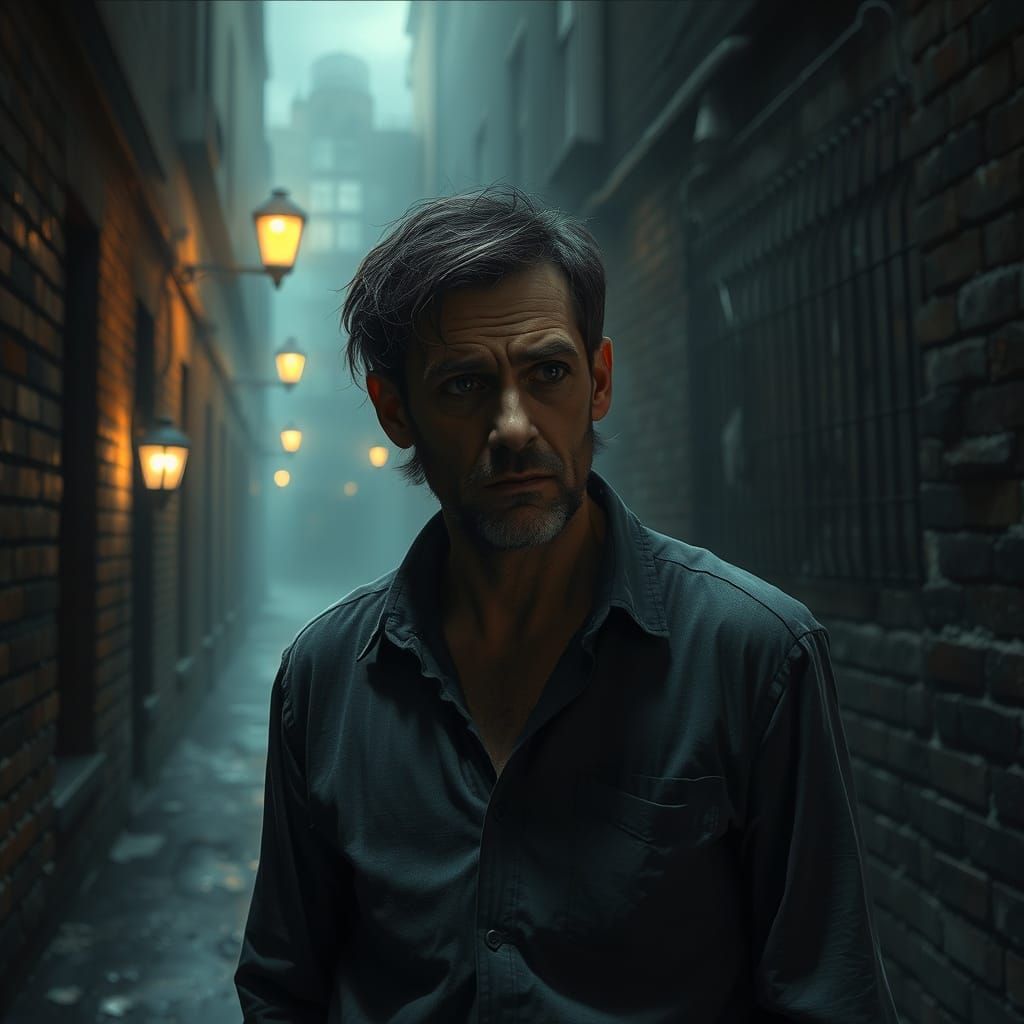 Lost Soul in a Foggy City Alley