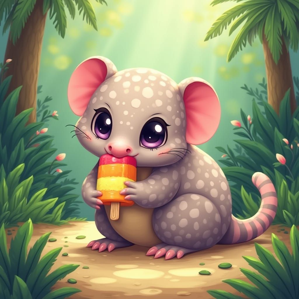 Polka-Dot Pangolin Licking Popsicle in Kawaii Style