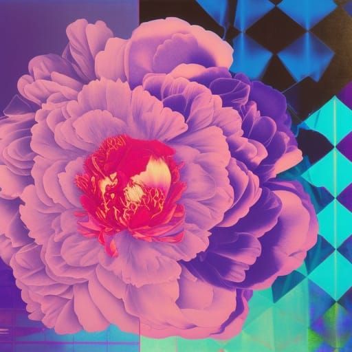 Psychedelic Neon Peony in Cyanotype Style