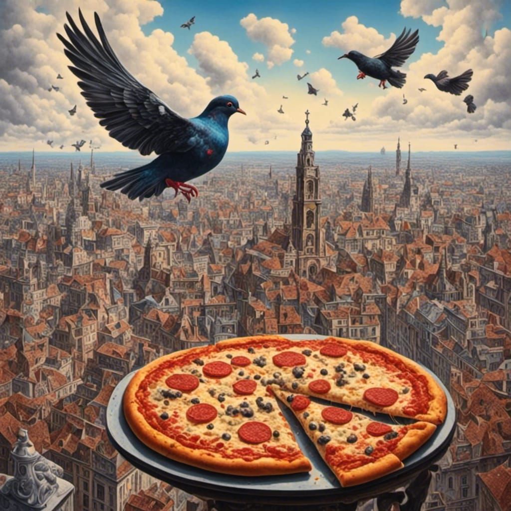 Pizza Pigeon Soaring Over Cloudy Cityscape
