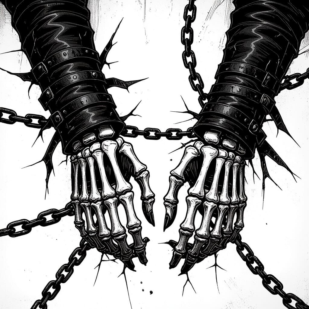 Skeletal Hands Breaking Chains: Gritty Line Art