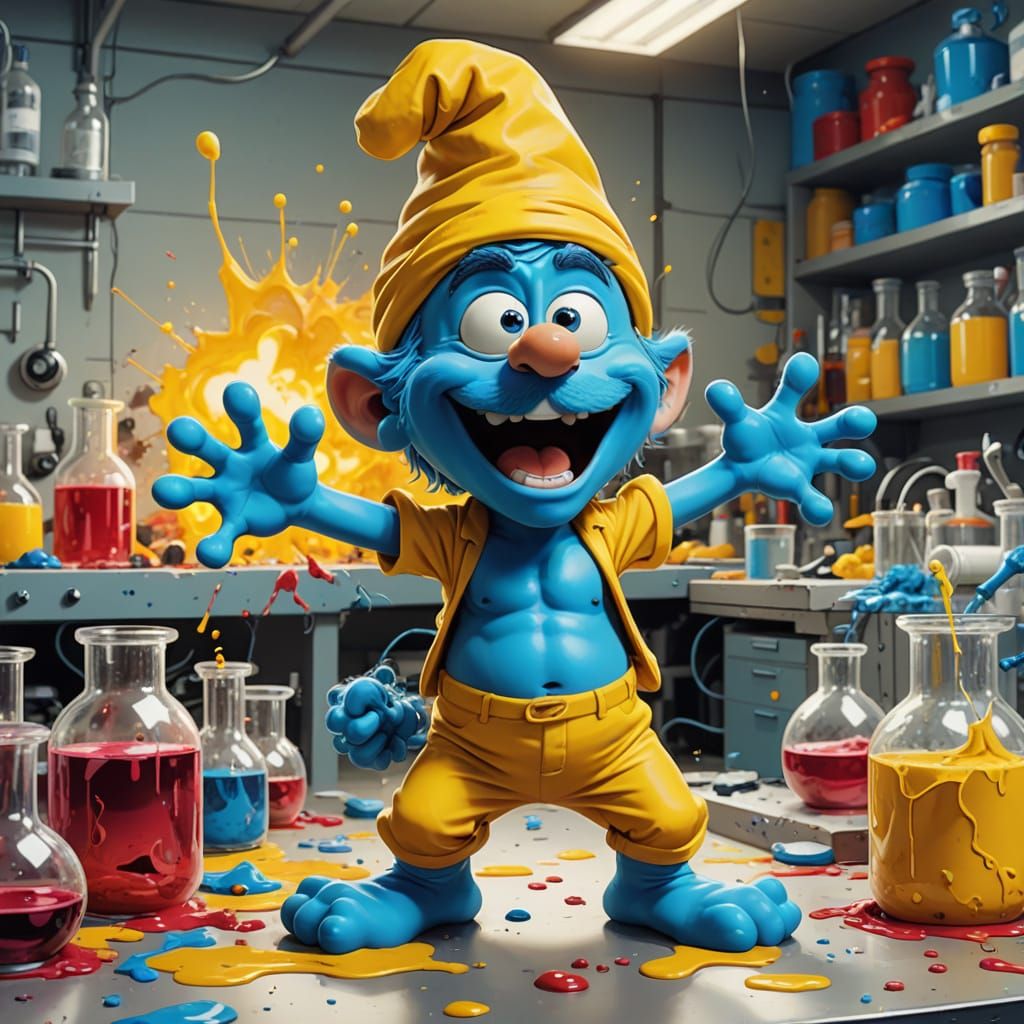 Vibrant Cartoon Smurf in a Whimsical Laboratory