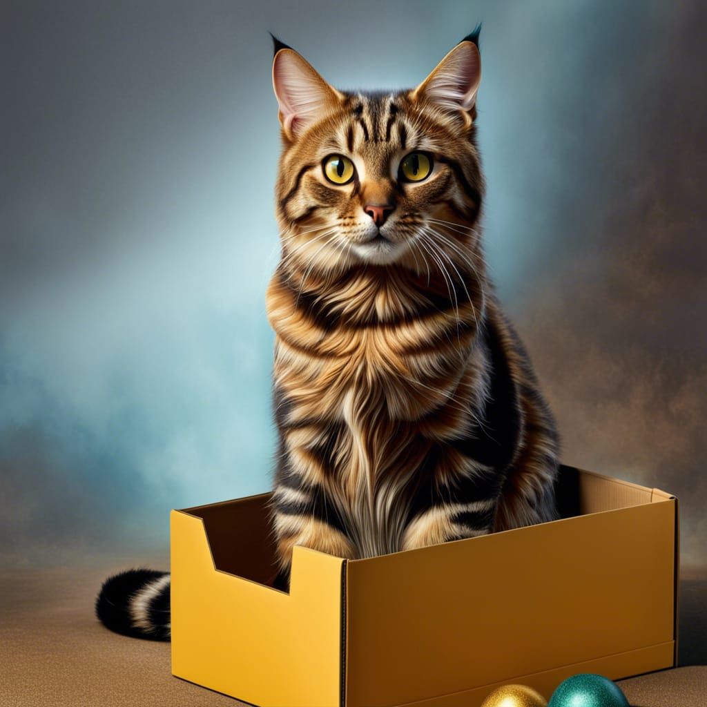 Hyperrealistic Tabby Cat Squeezed in Cardboard Box