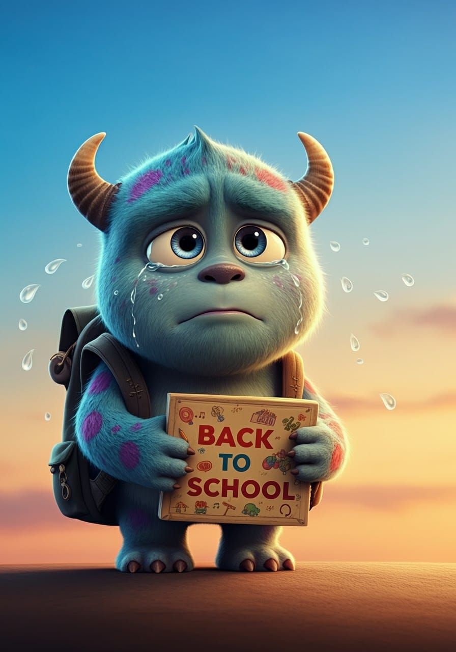 Crying Monster Ready for School: Pixar-Style