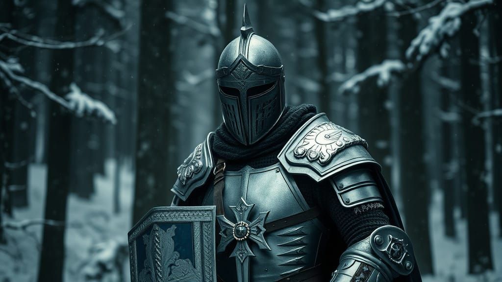 Crusader Soldier of God with Silver Armor in Dark Forest