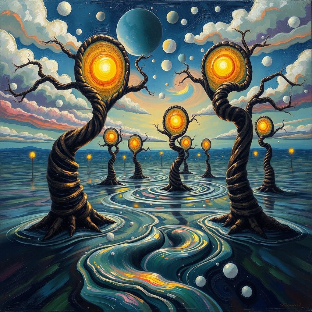 Surreal Orchard with Glowing Suns in Oil Texture Style