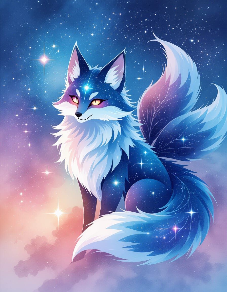 Cosmic Kitsune with Stardust Fur in Watercolor Style