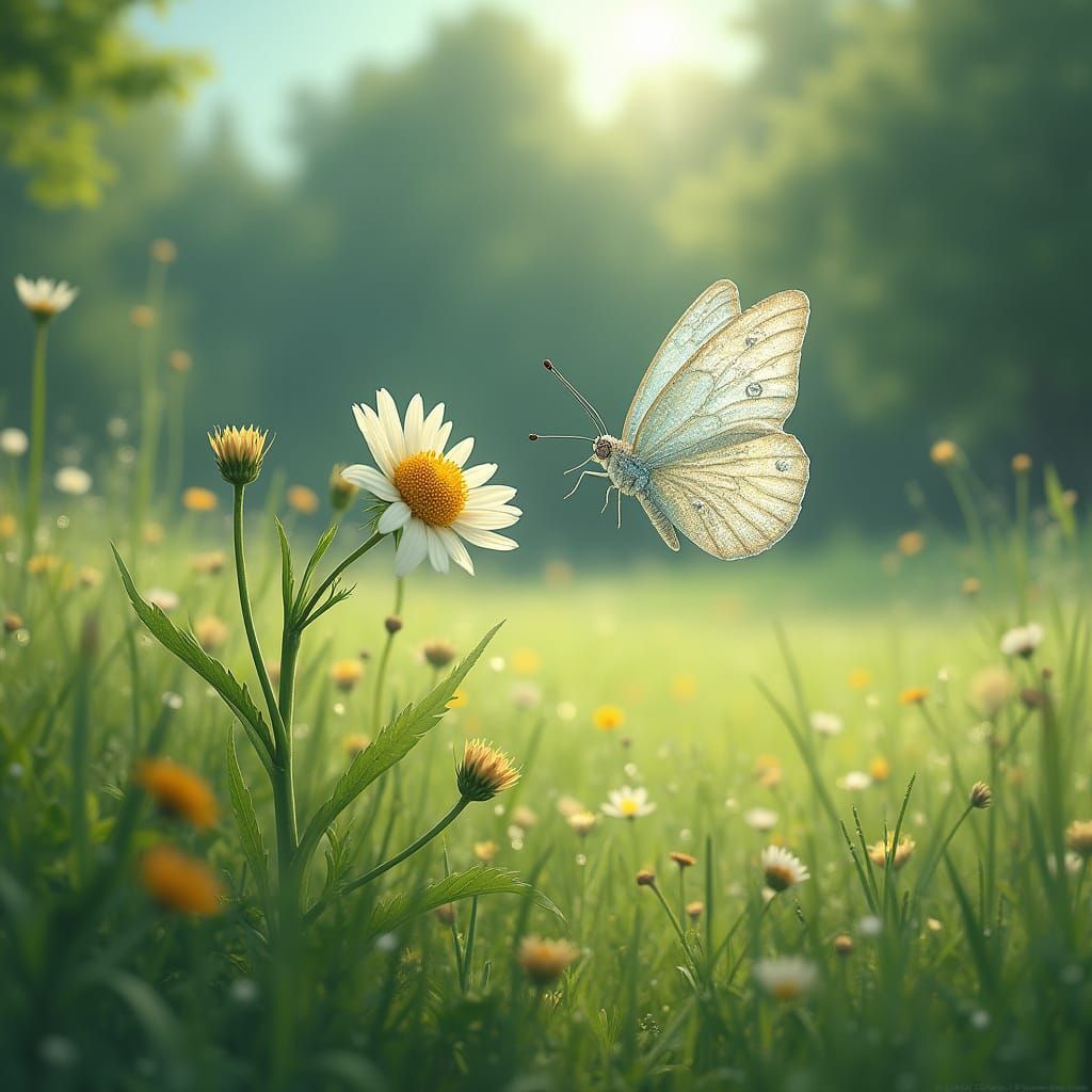 Diamond Butterfly and Flower in Lush Meadow