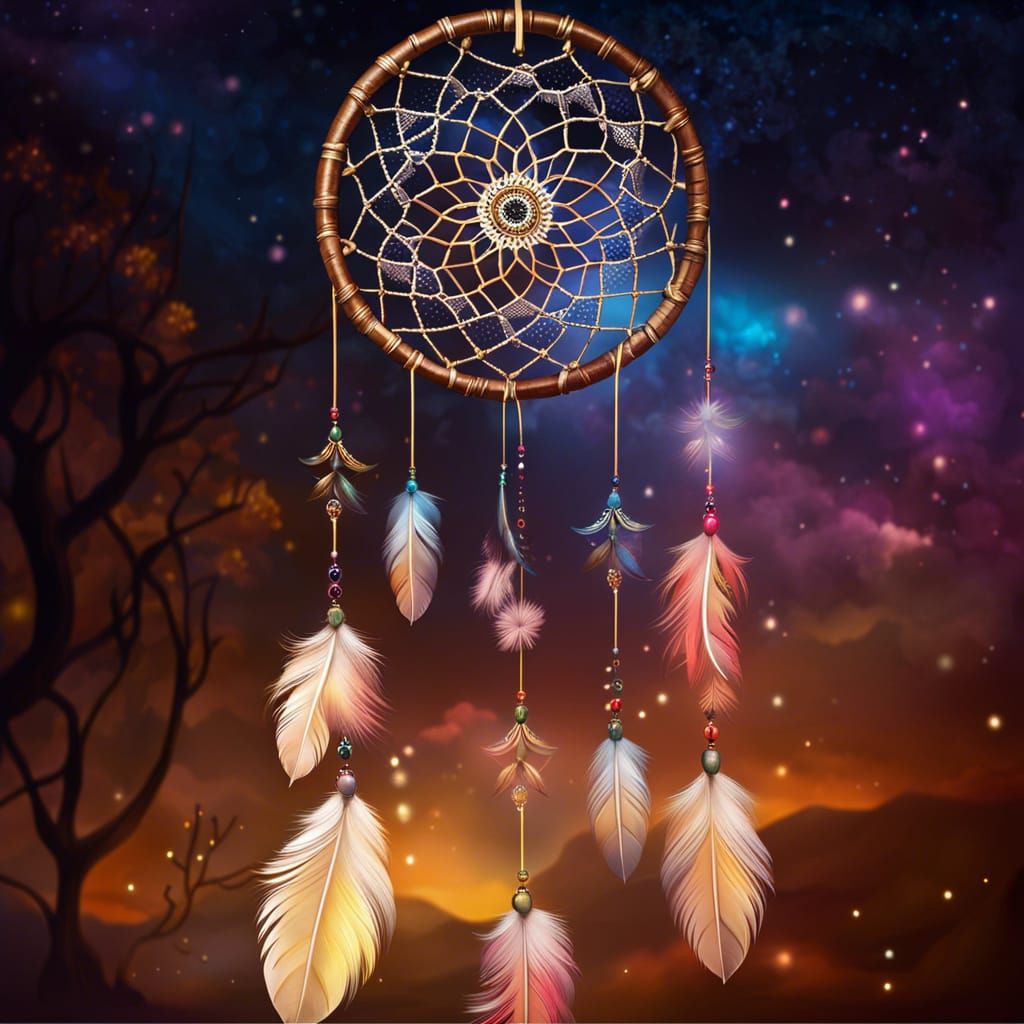 Lace Dream Catcher in Night Sky: Hyperrealistic Splash Art
