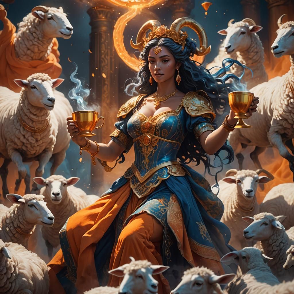 Goddess Caffeina and Dancing Sheep in Fantasy Art
