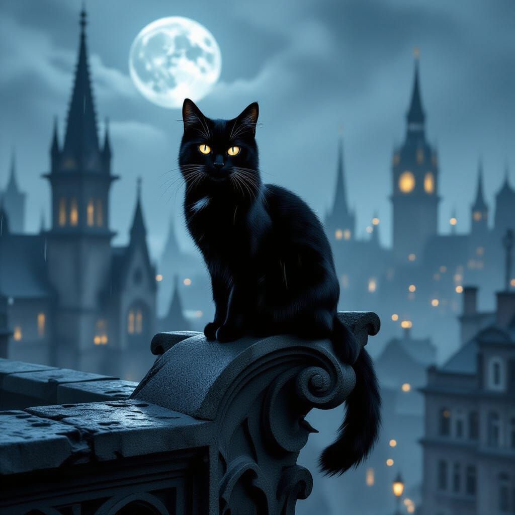 Gothic Black Cat Watches Over Moonlit City