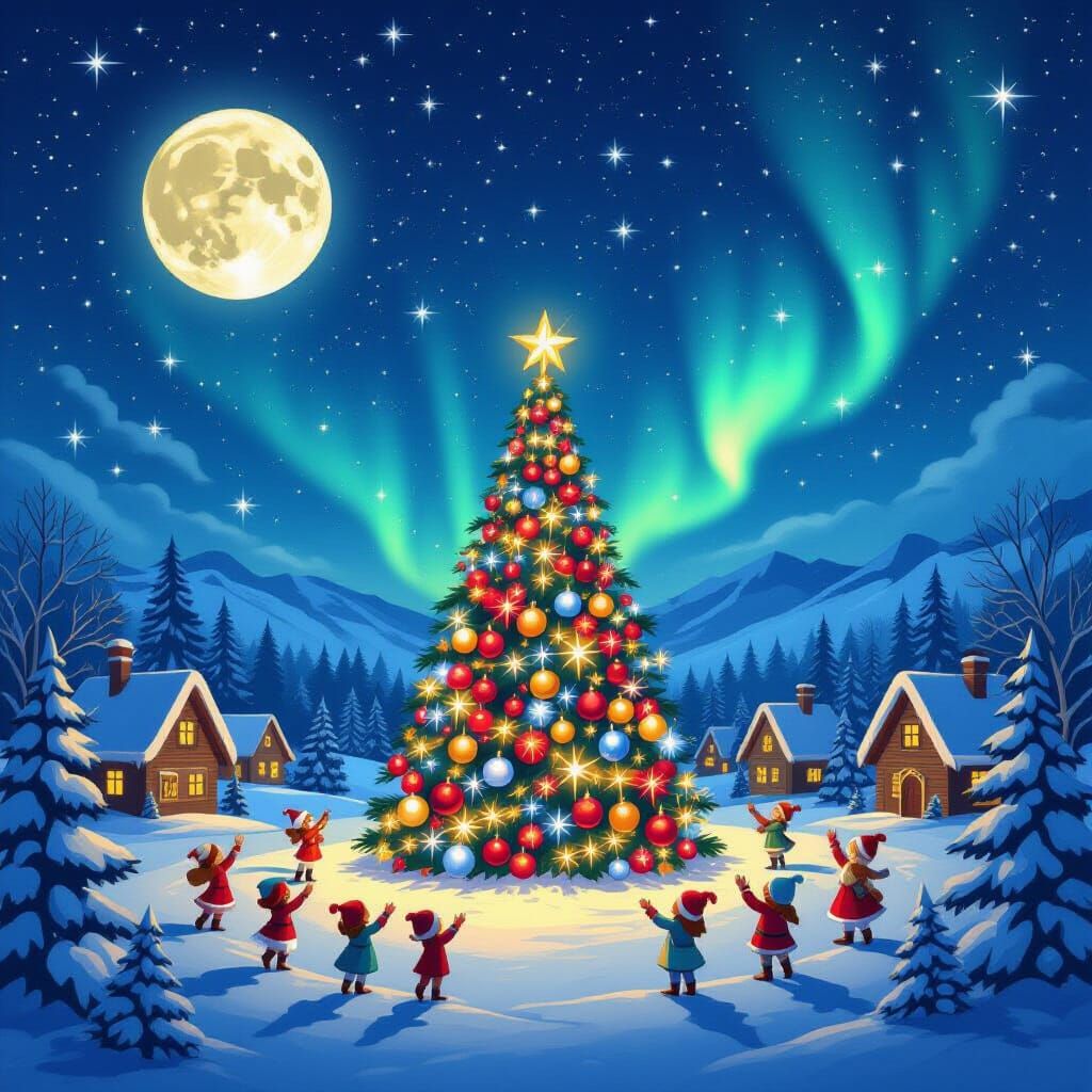 Enchanting Fairy Village with Elves and Aurora Borealis