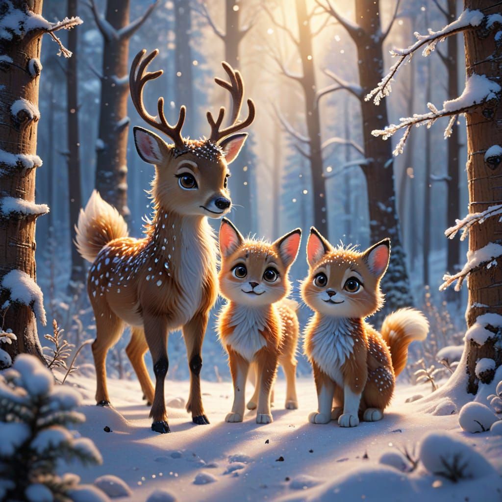 Semi-Realistic Winter Wonderland with Tiny Deer and Feline F...