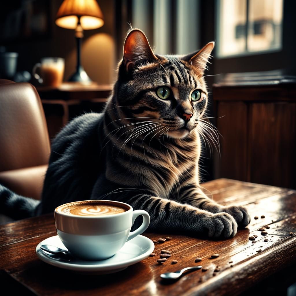 Hyperrealistic Cat and Coffee Still Life