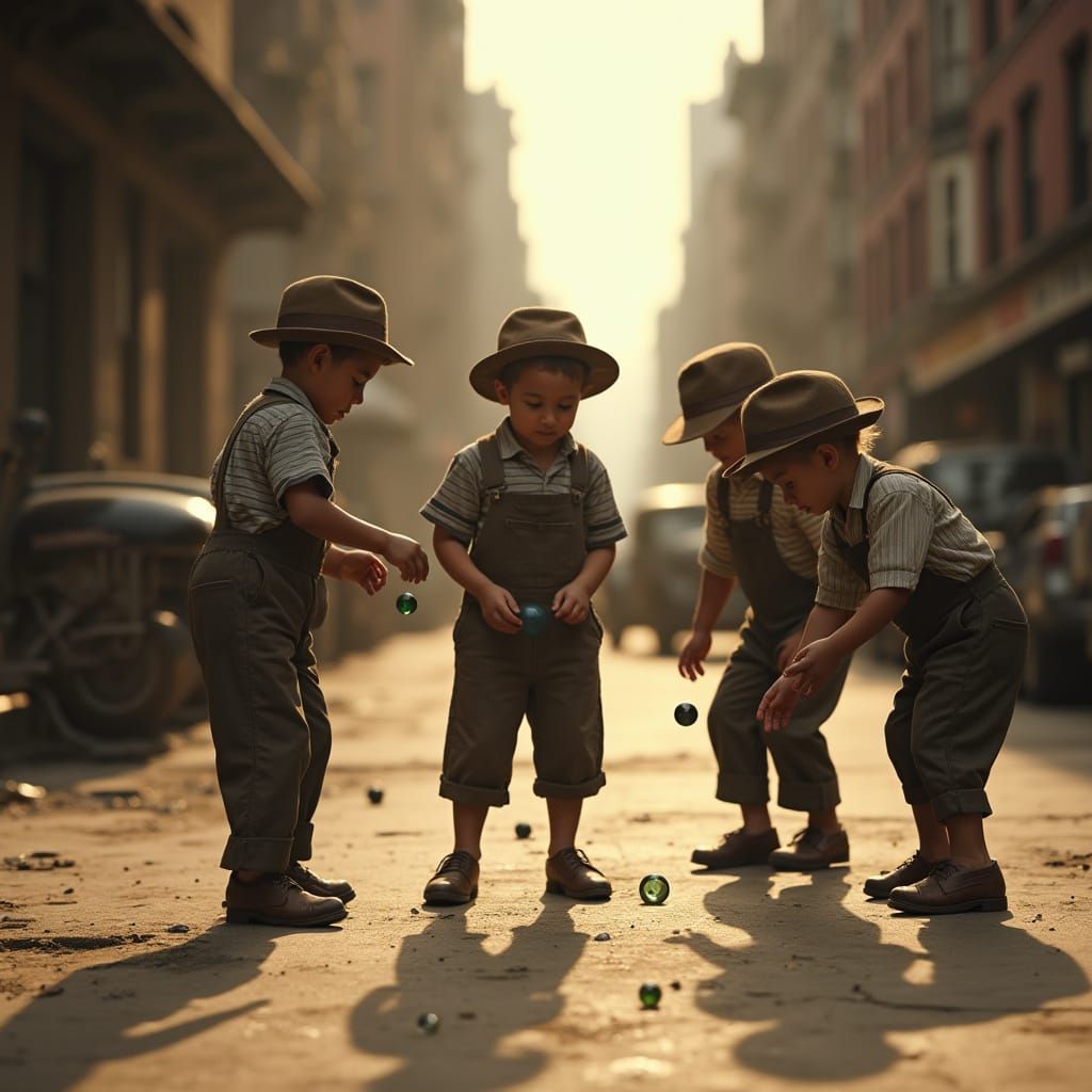 Children Playing Marbles on Sidewalk in Great Depression Sty...