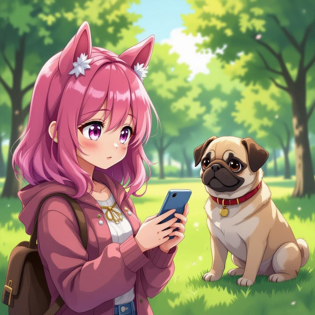 Pink-Haired Girl and Pug Puppy in Anime Style