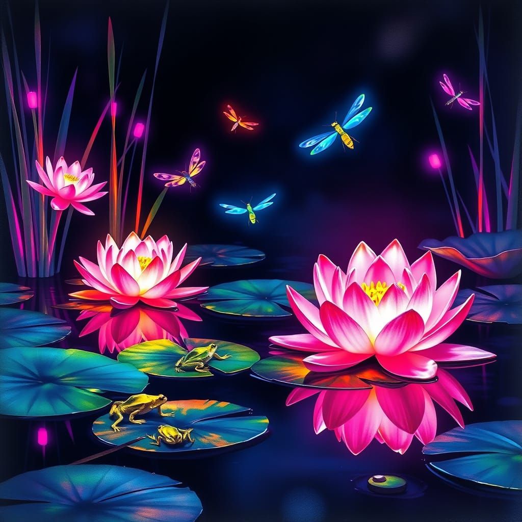 Neon Lotus Flowers in Synthwave Watercolor