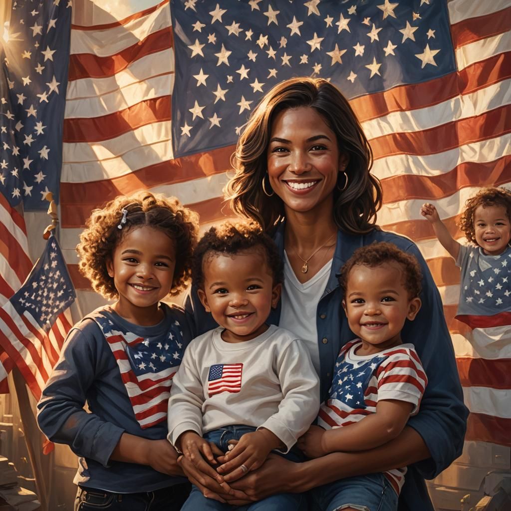 Single Mom and Babies Smiling: Vibrant Oil Painting