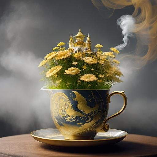 Golden Castle Tea Party in a Steaming Mug