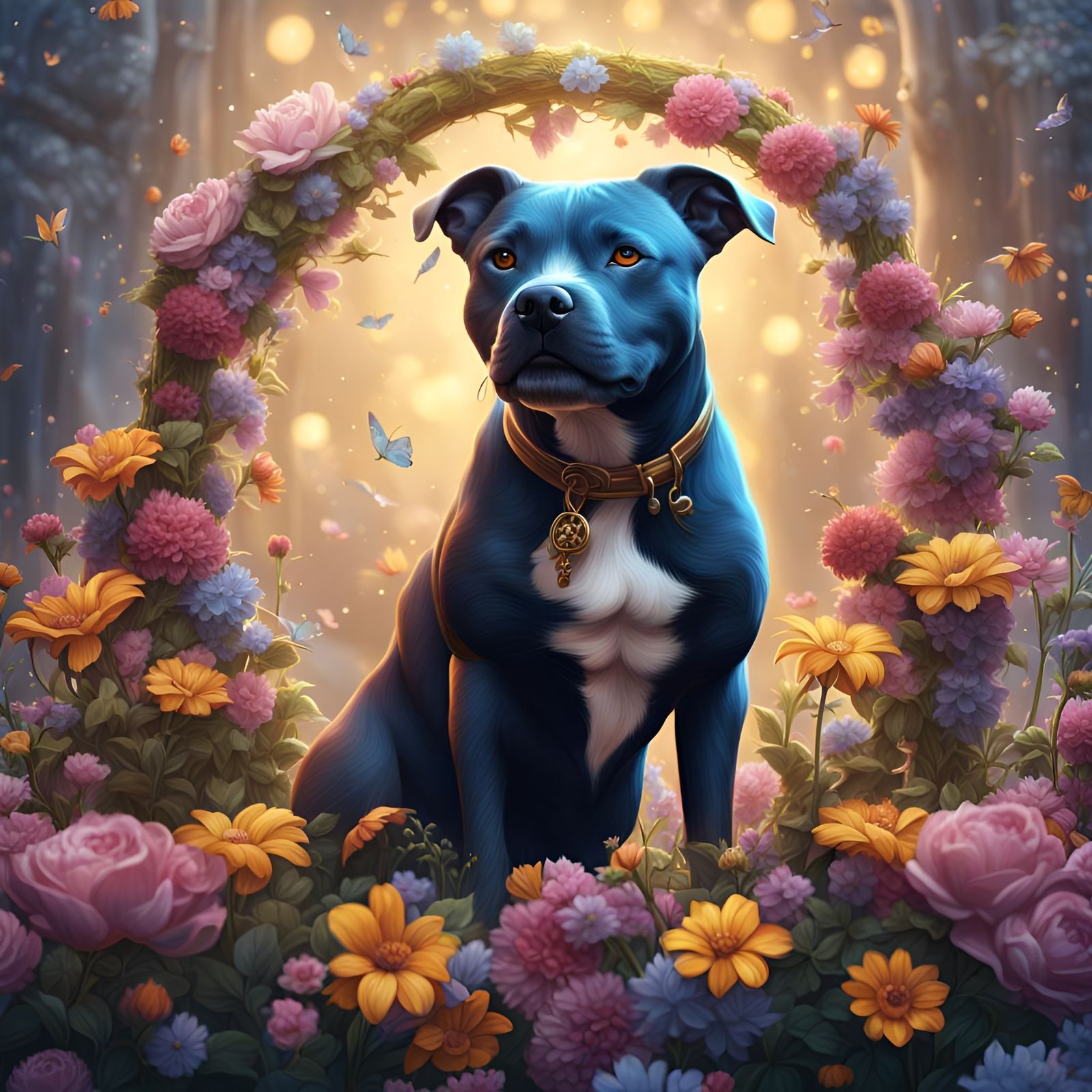 Cute Staffy Luna with Flowers: Digital Art