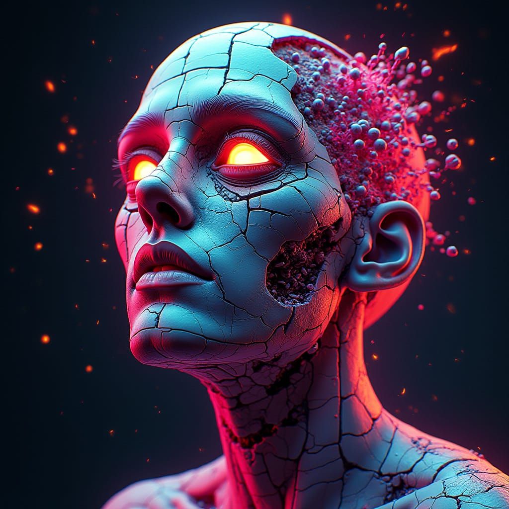 Furious Glitch Head in Neon Cyberpunk Style