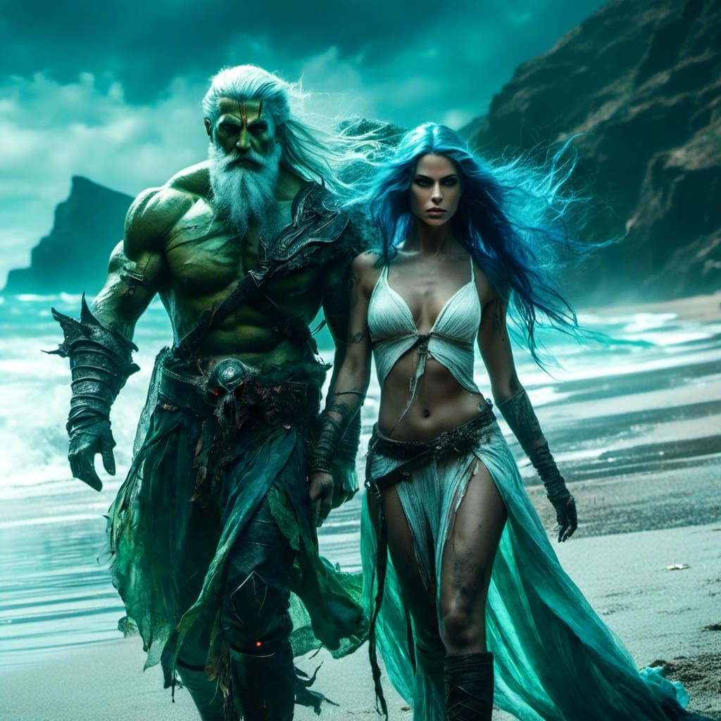 Elf Sorceress and Orc Warrior on a Beach