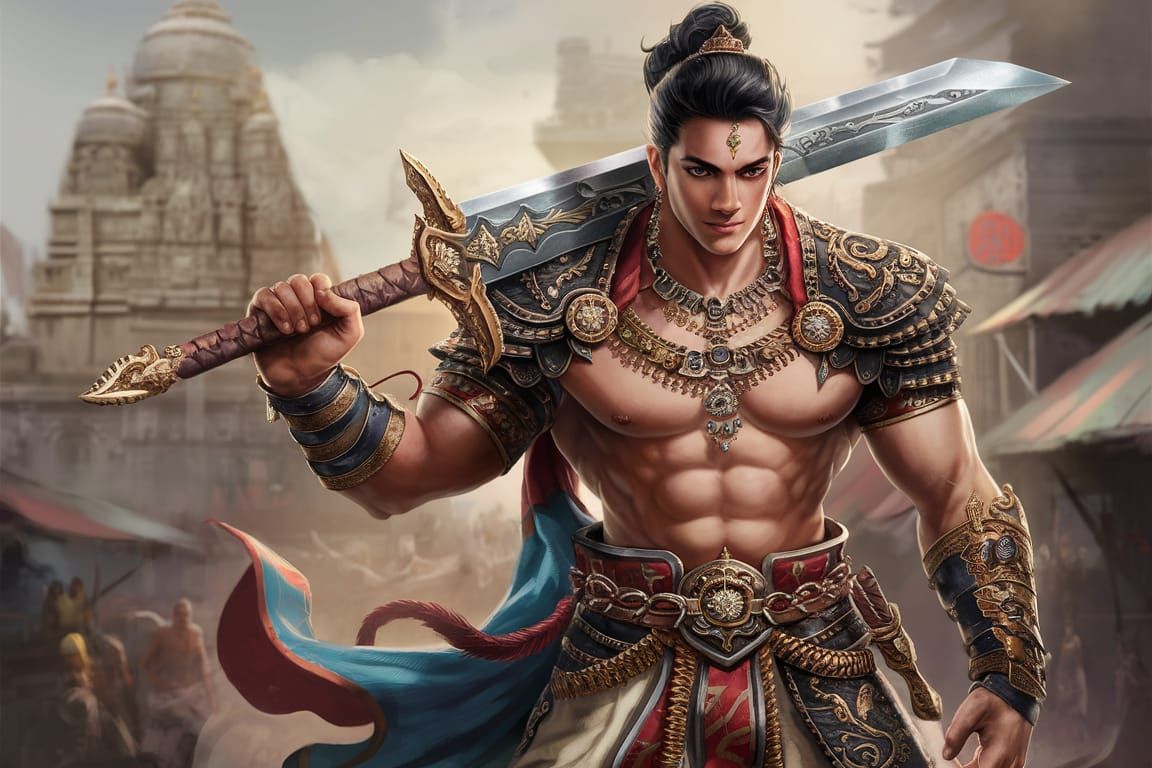 Indian Warrior Prince with Sword in Ancient City