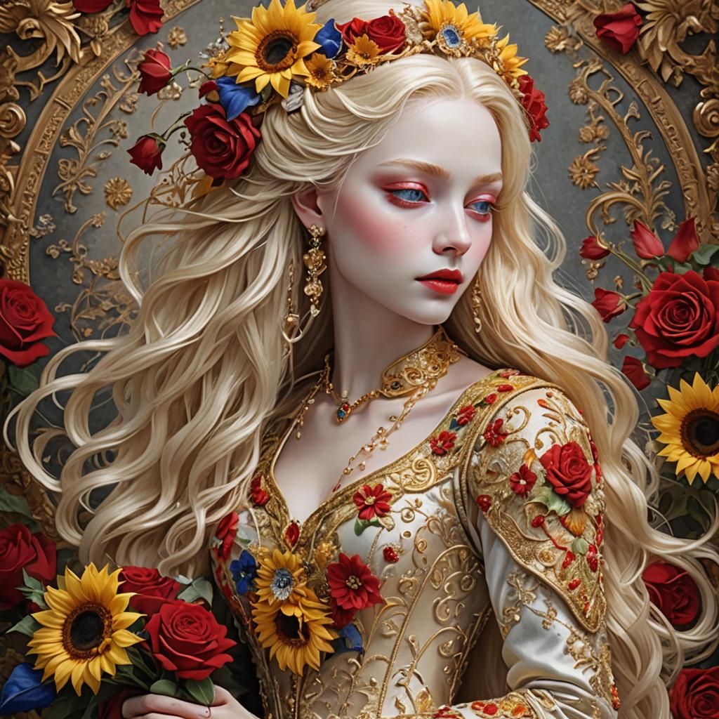Albino Princess with Flowers in Baroque Art Nouveau Style