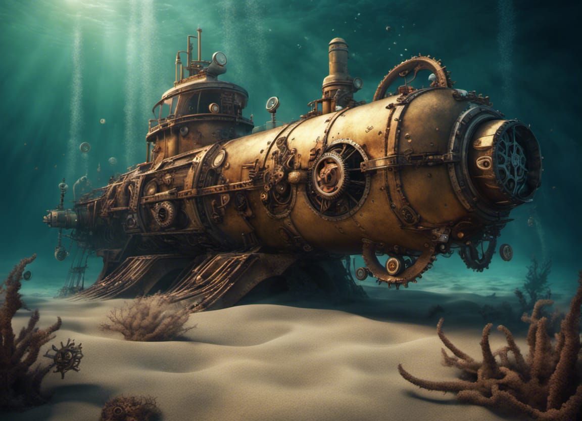 Surreal Steampunk Submarine on Sandy Seafloor