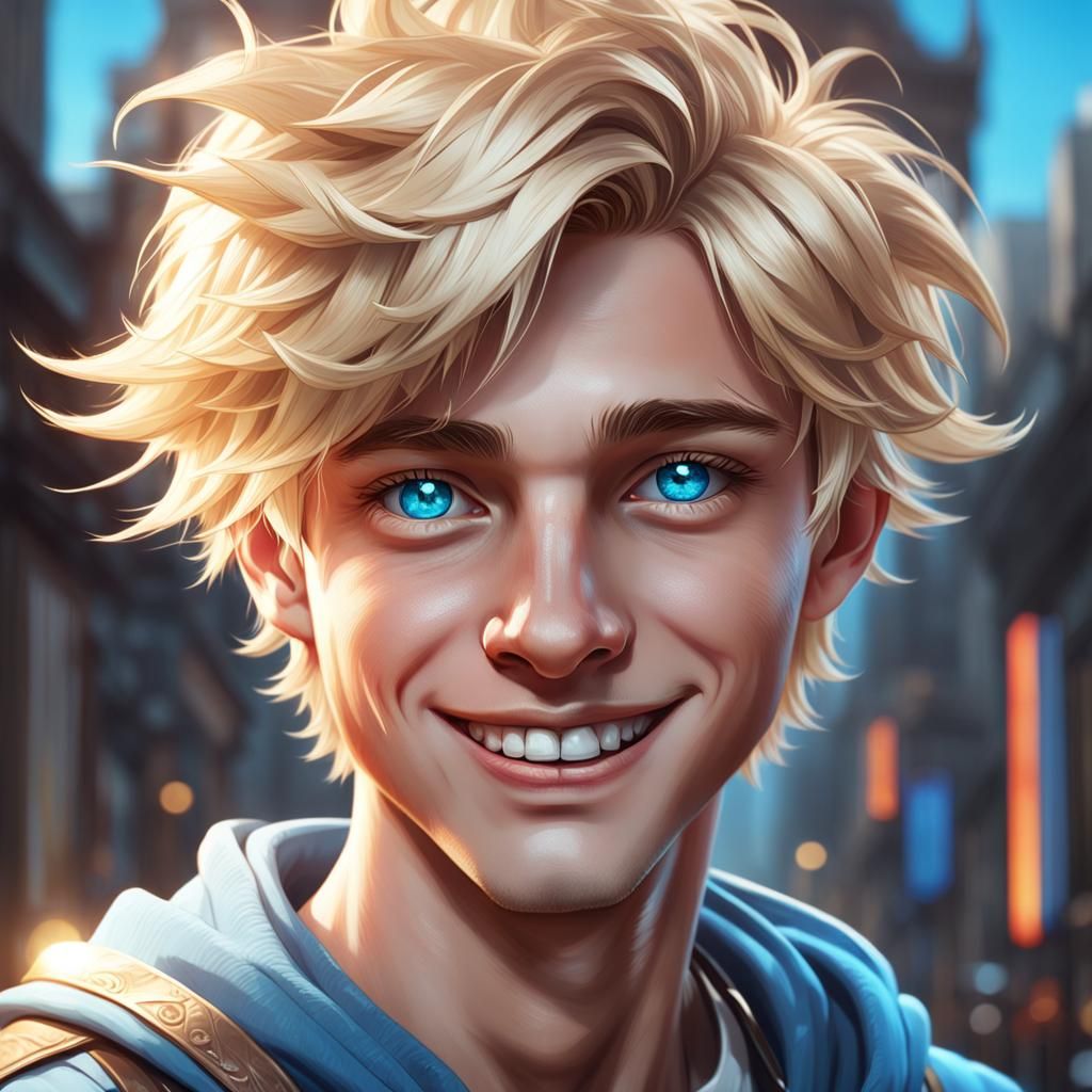 Portrait of a Smiling Blond Boy in Hyperdetailed Style