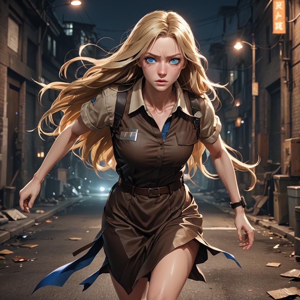 Blonde Woman Escapes Dark Crime Scene: 3D Anime Art