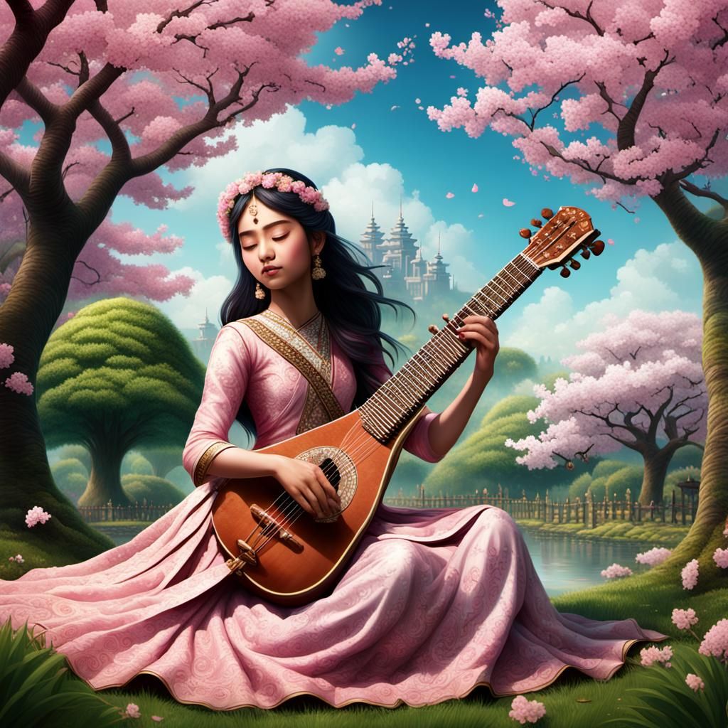 Princess Plays Sitar in Cherry Blossom Garden