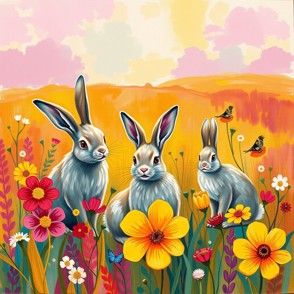 Whimsical Bunnies in Field, Abstract Impressionism