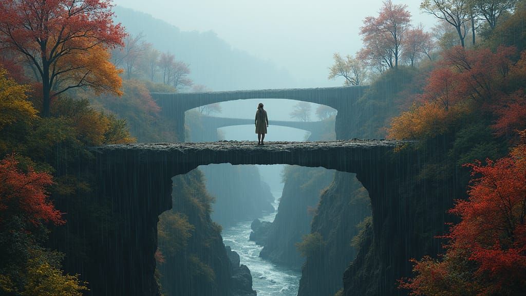 Moody Woman Leans on Bridge Amidst Lush Rainy Landscape