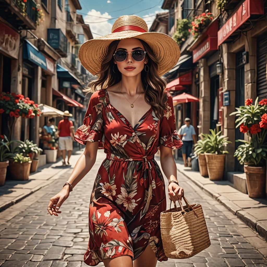 Woman in Red Dress Walking Down Street