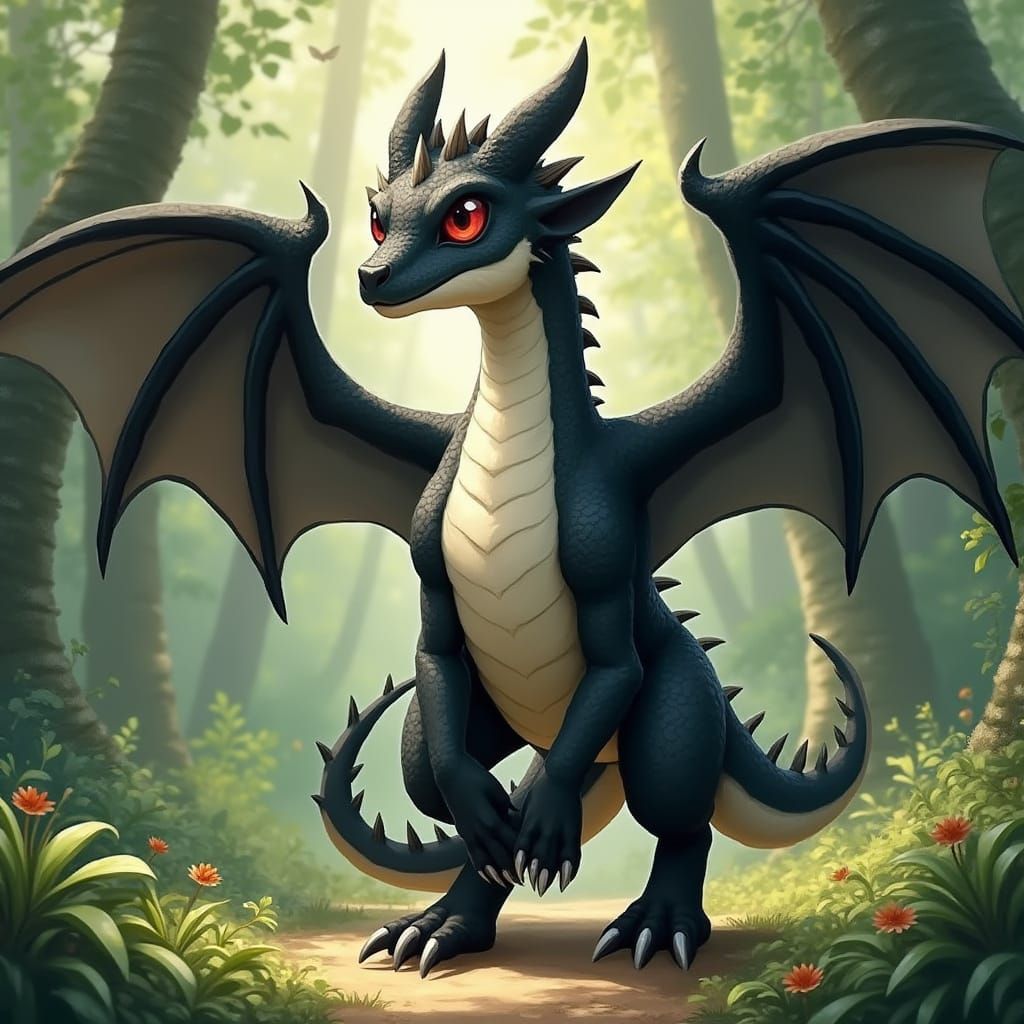 Playful Bipedal Dragon in Forest, Furry Art Style